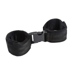 Black handcuffs with buckle closure on a white background.
