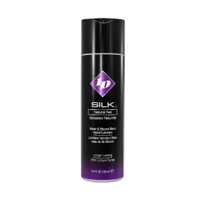 Black bottle of ID Silk lubricant, 130 ml, with purple logo and white text on the front.