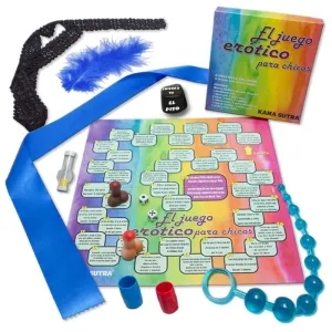 Erotic board game set with dice, playing pieces, hourglass, blindfold, feather, game board and packaging.
