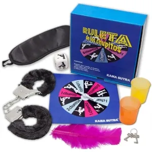 Spielset mit Augenbinde, Würfel, Handschellen, Feder, Bechern und Drehscheibe in einer blauen Box.
