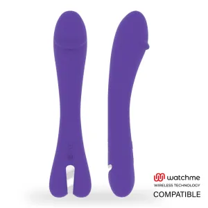 Zwei lila Vibratoren, einer mit geteiltem Griff, kompatibel mit Watchme Wireless Technology.