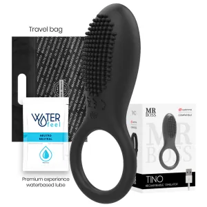 Schwarzer Silikon-Vibrator mit Noppen, Reisebeutel, Gleitgel und Verpackung.
