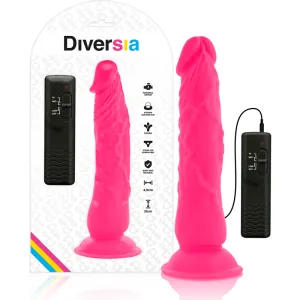 Pinkes Vibrator-Spielzeug mit Fernbedienung, Saugnapf und Verpackung mit Diversia-Logo.