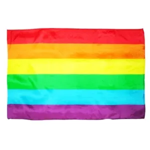 Regenbogenflagge mit sechs horizontalen Streifen in Rot, Orange, Gelb, Grün, Blau und Lila.