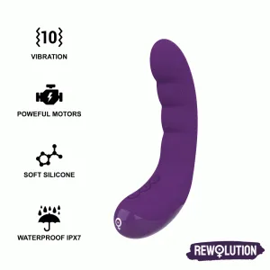 Lila Vibrator mit 10 Vibrationsmodi, leistungsstarken Motoren, weichem Silikon, wasserdicht nach IPX7. Marke: RewolutioN.