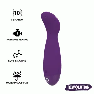Lila Vibrator mit 10 Vibrationsmodi, starkem Motor, weichem Silikon, wasserdicht IPX6, RewolutioN-Logo.