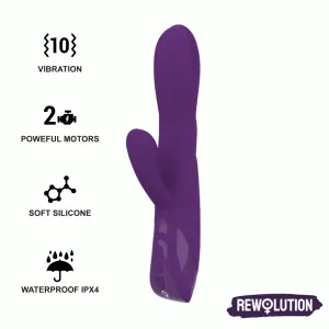Lila Vibrator mit 10 Vibrationsmodi, 2 Motoren, weichem Silikon, wasserdicht IPX4, Marke Rewolution.