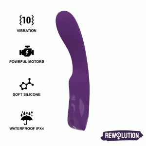 Lila Vibrator mit 10 Vibrationsmodi, leistungsstarkem Motor, weichem Silikon, wasserdicht IPX4, Marke Rewolultion.
