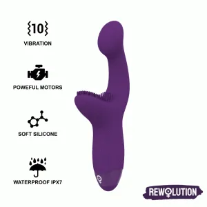 Lila Vibrator mit 10 Vibrationsmodi, leistungsstarken Motoren, weichem Silikon, wasserdicht IPX7. Marke: Rewolution.