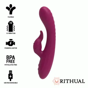 Lila Vibrator mit 10 Vibrationsmodi, flexiblem Design, starkem Motor, BPA-frei, USB-aufladbar. Marke: Rithual.