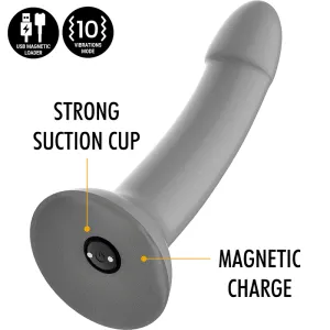 Grauer Vibrator mit starker Saugnapf-Basis, magnetischem Ladeanschluss und 10 Vibrationsmodi.