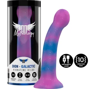 Vibrierender Dildo in lila-blauem Galaxie-Design mit Verpackung, USB-Ladegerät und 10 Vibrationsmodi.