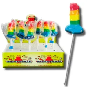 Bunte Lutscher in Regenbogenfarben in einer Verpackung mit der Aufschrift 