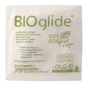 Verpackung von BIOglide Gleitgel, 100% biologisch und vegan, medizinisch, kondomgeeignet, wasserlöslich, pH-optimiert.