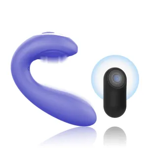Lila C-förmiger Vibrator mit schwarzer Fernbedienung auf weißem Hintergrund.