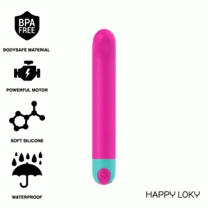 Pinkes, zylindrisches Gerät mit blauen Akzenten, BPA-frei, leistungsstarker Motor, weiches Silikon, wasserdicht.
