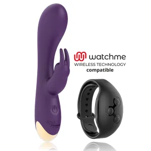 Lila Vibrator mit Hasenohren und schwarzem Armband, kompatibel mit Watchme Wireless Technology.