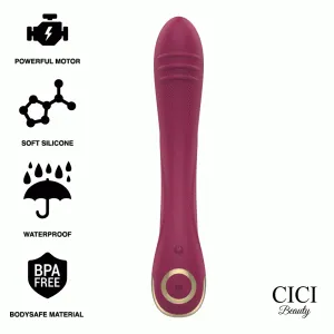 Roter Vibrator mit leistungsstarkem Motor, weichem Silikon, wasserdicht, BPA-frei. CICI Beauty-Logo unten rechts.