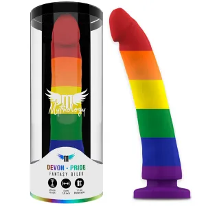 Rainbow-colored dildo in packaging, labeled 