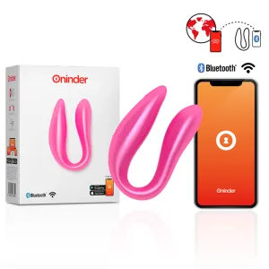 Pinkes Bluetooth-Gerät mit Verpackung und Smartphone-App, kompatibel mit Google Play und App Store.