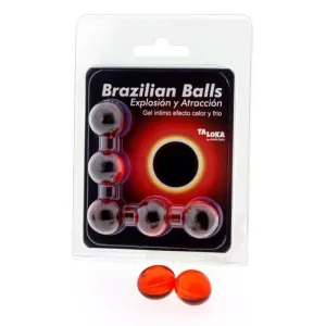 Verpackung von Brazilian Balls mit zwei roten Kugeln, Text: "Explosión y Atracción, Gel íntimo efecto calor y frío".