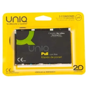 Verpackung von UNIQ Kondomen, hypoallergen, latexfrei, mit drei Kondomen und drei Gleitmitteln, gelber Hintergrund.