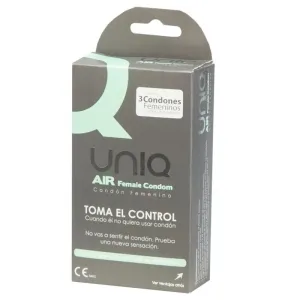 Verpackung von Uniq AIR Female Condom, enthält 3 Kondome. Text auf Spanisch: 