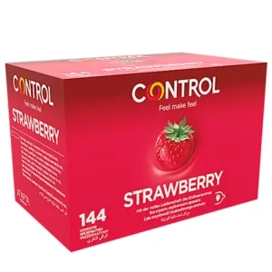 Rote Verpackung von Control Kondomen mit Erdbeergeschmack, 144 Stück, mit Erdbeermotiv.