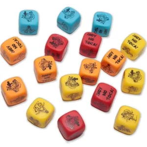 Colorful dice with Spanish inscriptions and drawings, scattered on a white background.