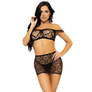 3 Tlg. Set Oberteil, Minirock Und String, OneSize Schwarz – Leg Avenue