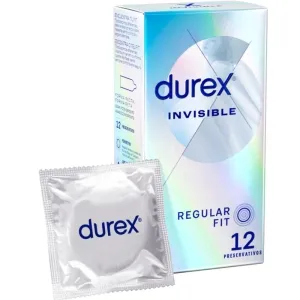 Durex Invisible Kondomverpackung mit 12 Stück, Regular Fit, schimmerndes Design.