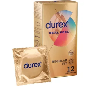 Durex Real Feel Kondomverpackung und einzelnes Kondom, goldene Farbe, 12 Stück, latexfrei.
