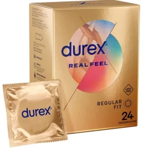 Durex Real Feel Kondomverpackung, goldene Box mit 24 Kondomen, Latex-frei, Regular Fit.