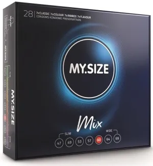 Schwarze Verpackung von MY.SIZE Mix Kondomen, 28 Stück, verschiedene Größen und Typen, darunter Classic, Colour, Ribbed, Flavour.
