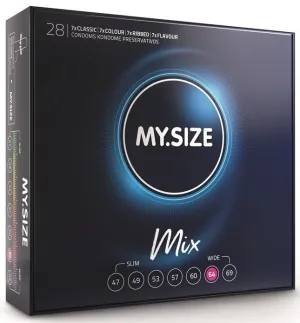 Schwarze Verpackung von MY.SIZE Mix Kondomen, 28 Stück, verschiedene Größen und Typen.