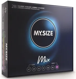 Schwarze Verpackung von MY.SIZE Mix Kondomen, verschiedene Größen und Sorten, 28 Stück.