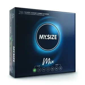 Verpackung von MY.SIZE Mix Kondomen, 28 Stück, verschiedene Größen und Typen, dunkelblaues Design.