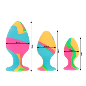 Three colorful, teardrop-shaped objects in different sizes with dimensions: 9x4 cm, 8x3.5 cm, 7x2.7 cm.