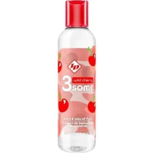 Flasche mit rotem Deckel, Etikett mit Kirschen und Text "3 wild cherry SOME".