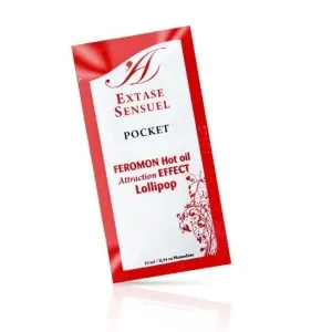 Rotes Sachet mit der Aufschrift "Extase Sensuel Pocket, FEROMON Hot oil Attraction EFFECT Lollipop".