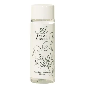 Flasche mit der Aufschrift "Extase Sensuel", verziert mit floralen Mustern, enthält Silikon-Gleitmittel.