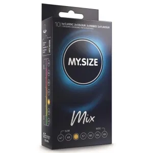 Schwarze Verpackung von MY.SIZE Mix Kondomen mit verschiedenen Größen und Sorten, darunter Classic, Colour, Ribbed und Flavour.