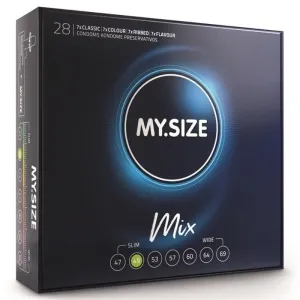 Schwarze Verpackung von MY.SIZE Mix Kondomen, verschiedene Größen und Sorten, 28 Stück.