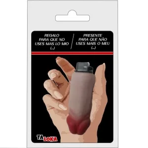 Packaging with a lighter in the shape of a finger, text in Spanish and Portuguese, brand 