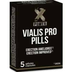 Schwarze Verpackung von Vialis Pro Pills mit 5 Kapseln, verspricht verbesserte Erektion, enthält Ginseng.