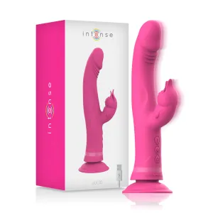 Pinkfarbener Vibrator mit Verpackung, USB-Kabel und Bedienelementen. Marke 