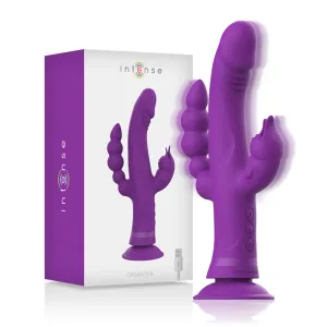 Lila Vibrator mit mehreren Funktionen, neben der Verpackung mit USB-Kabel.