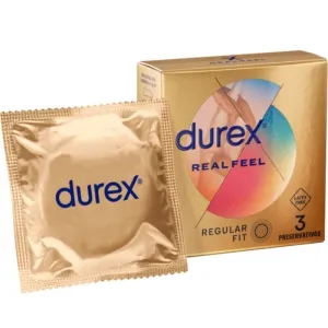 Durex Real Feel Kondomverpackung und einzelnes Kondom, goldene Farbe, Regular Fit, latexfrei.