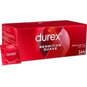 Red Durex packaging containing 144 condoms, labeled 