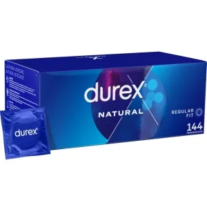 Blaue Durex-Verpackung mit 144 Kondomen, daneben ein einzelnes Kondom in blauer Folie.